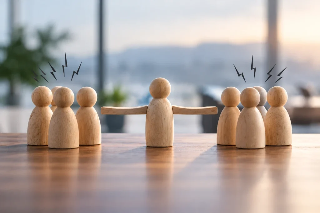 Wooden peg-doll figures in two opposing groups with a lone central figure mediating between them